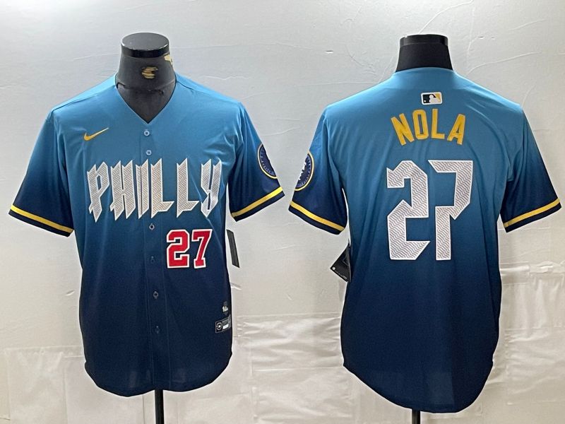 Men Philadelphia Phillies #27 Nola Blue City Edition Nike 2024 MLB Jersey style 2
